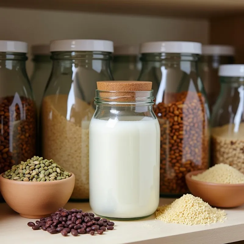 Organized vegan pantry highlighting a jar of vegan dried milk powder amongst other staples.