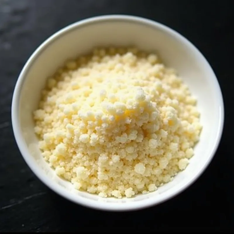 Close up shot of grated vegan parmesan cheese in a bowl