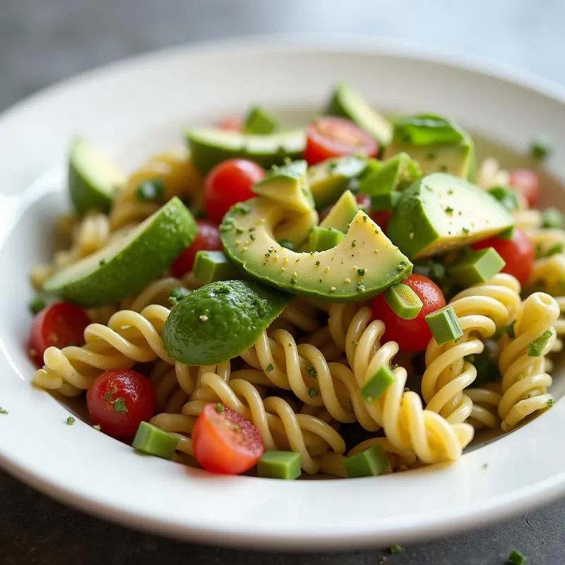 Close-up shot of vegan pasta salad served on a plate