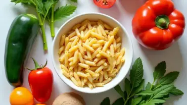 Colorful vegetables and herbs arranged around a bowl of cooked pasta