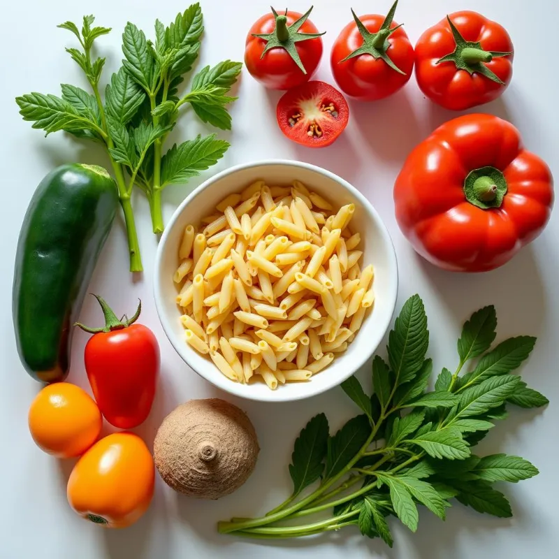 Colorful vegetables and herbs arranged around a bowl of cooked pasta