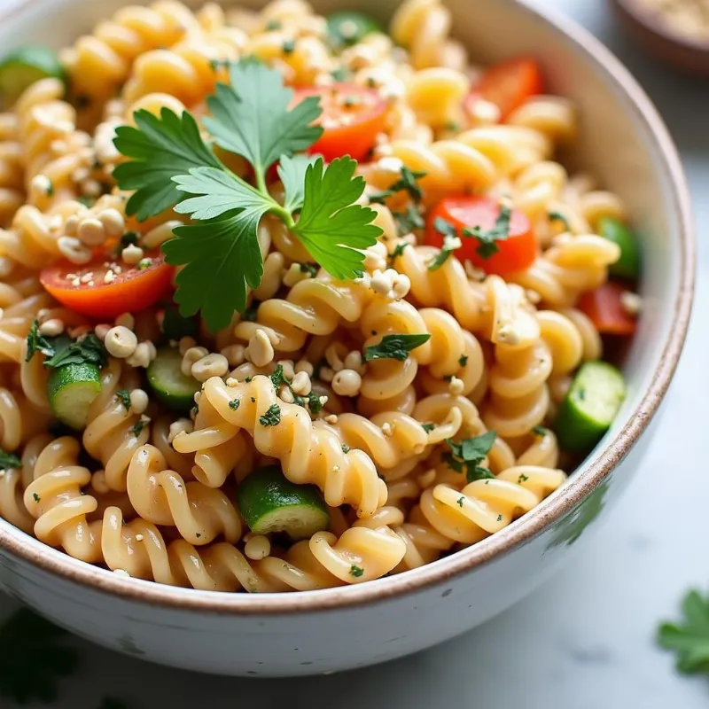 A Bowl of Vegan Pasta Salad with Peanut Sauce