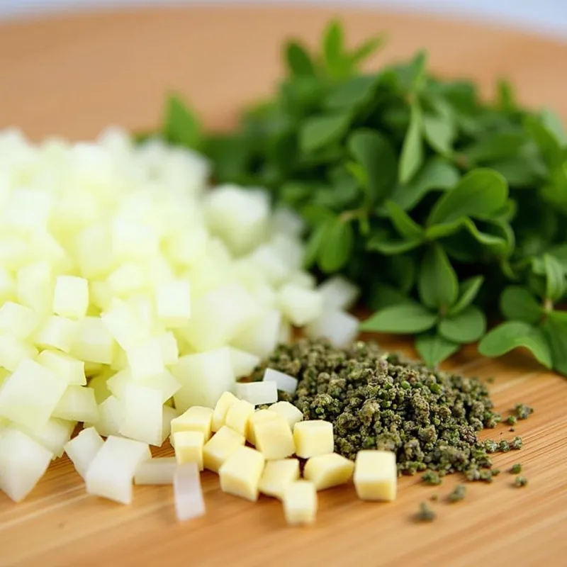 Freshly chopped onions, garlic, and herbs for vegan pasta sauce