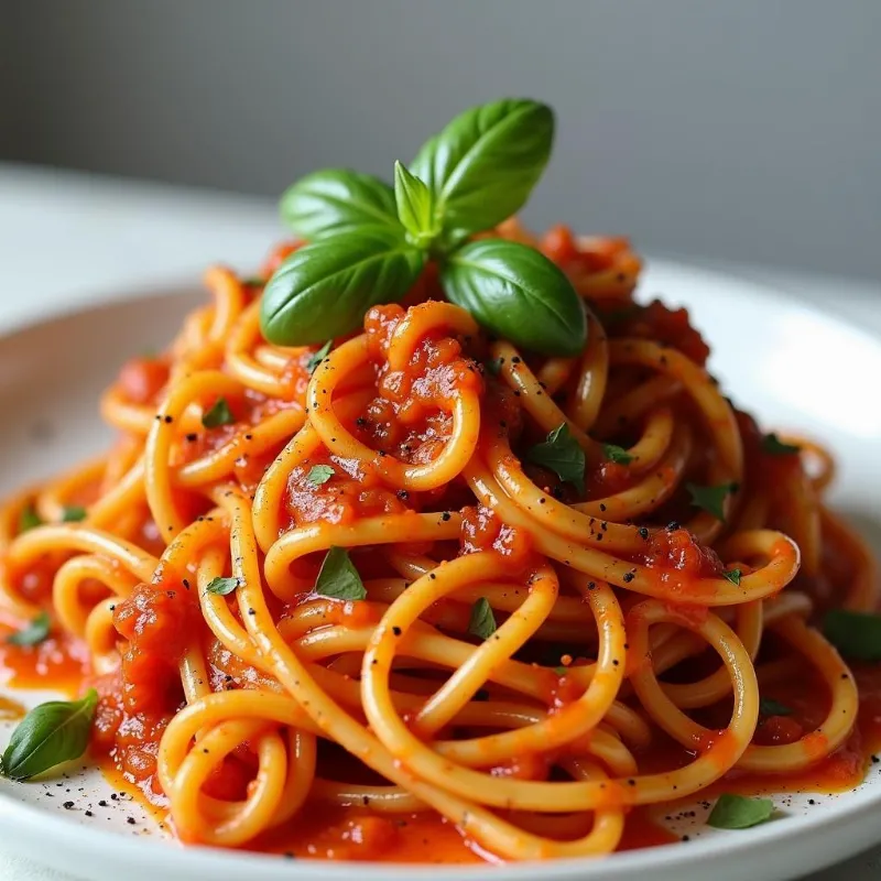 A plate of pasta with vegan sauce, garnished with fresh herbs.