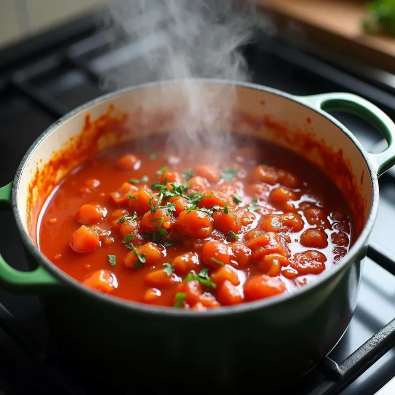 Vegan pasta sauce simmering on a stovetop