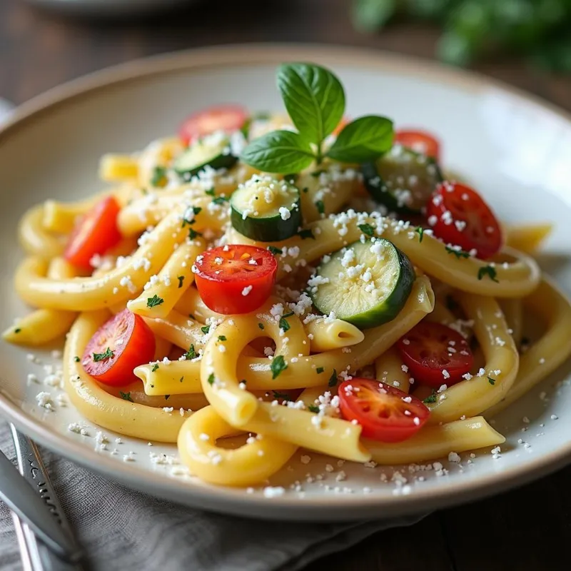 A bowl of vegan pasta tossed with Kite Hill vegan ricotta, fresh herbs, and colorful vegetables