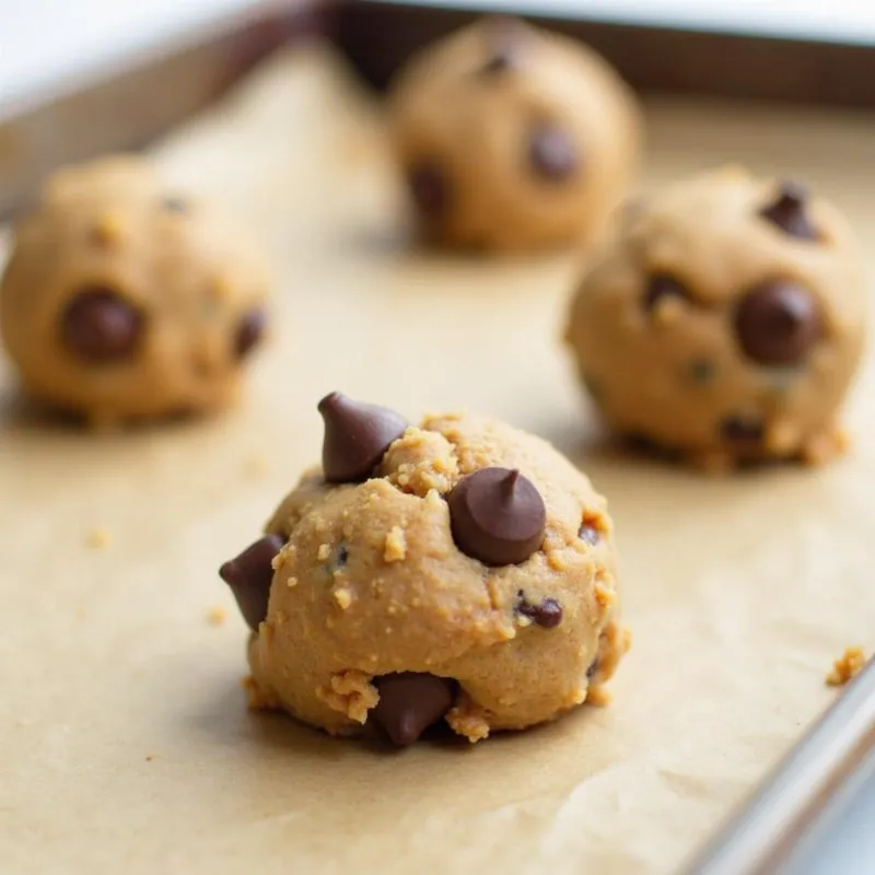 Close-up view of vegan peanut butter chocolate cookie dough being scooped onto a baking sheet.