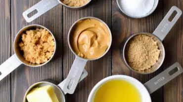 A neatly arranged collection of ingredients for vegan peanut butter chocolate cookies on a wooden table.