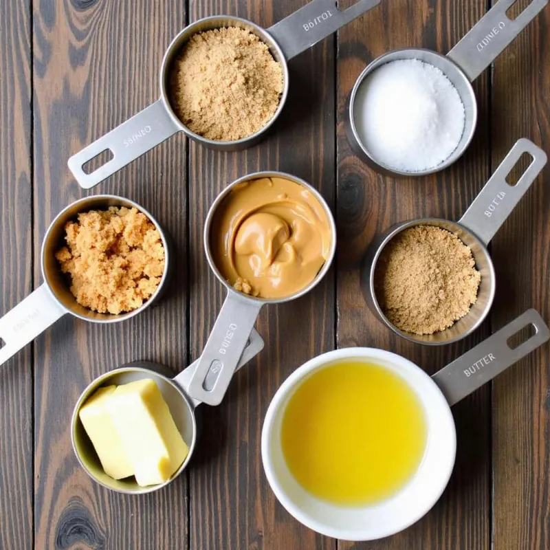 A neatly arranged collection of ingredients for vegan peanut butter chocolate cookies on a wooden table.