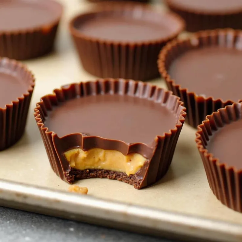 Vegan peanut butter cups in a muffin tin, half-dipped in chocolate