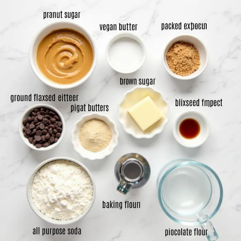 A flat lay of the ingredients for vegan peanut chocolate chip cookies.