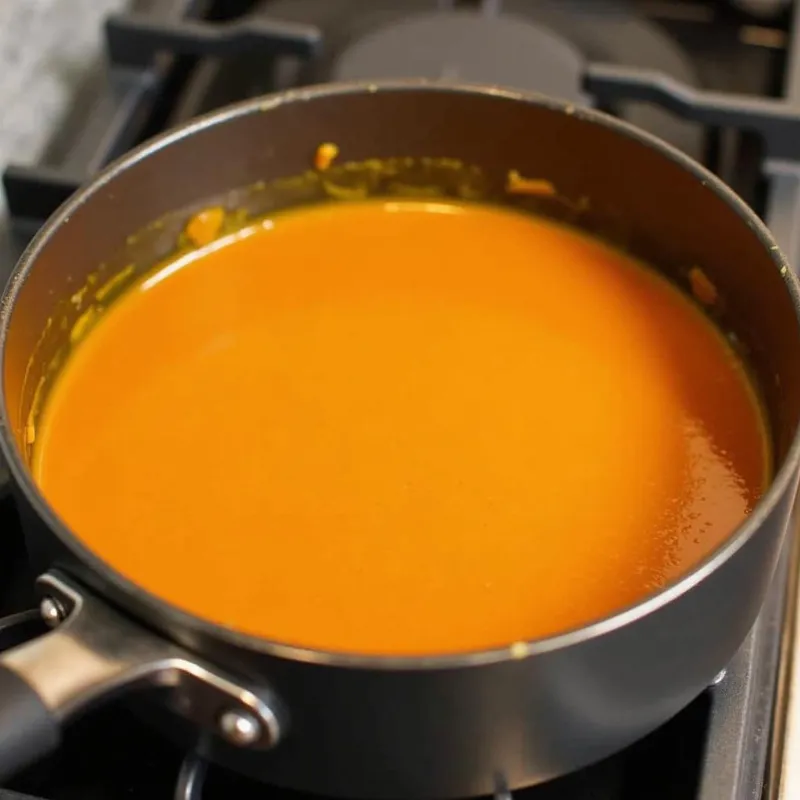 Vegan peanut satay sauce simmering on stovetop