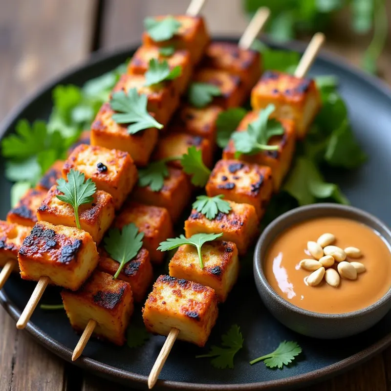 Vegan peanut satay sauce served with tofu skewers