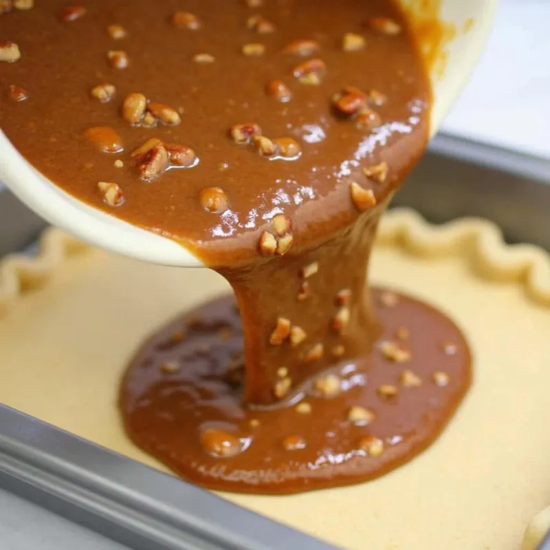 Pouring pecan pie filling over the par-baked crust