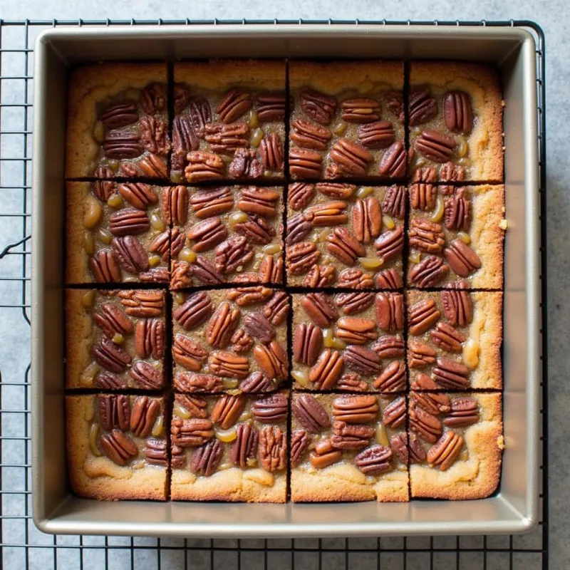 Sliced vegan pecan pie bars on a cooling rack