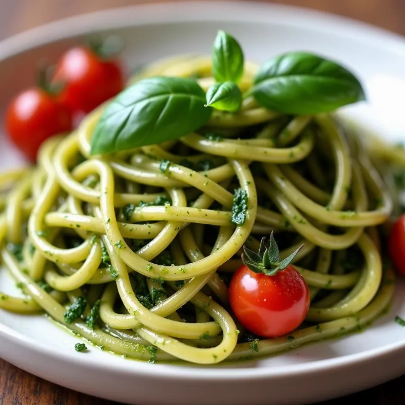 Vegan pesto pasta with cherry tomatoes