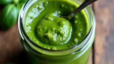 Vegan pesto sauce in a jar