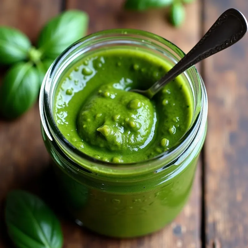 Vegan pesto sauce in a jar