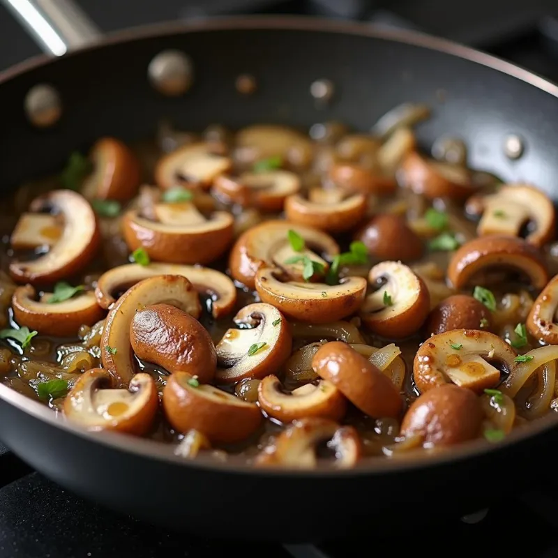 Mushrooms and onions cooking in a pan for vegan Philly cheesesteak filling