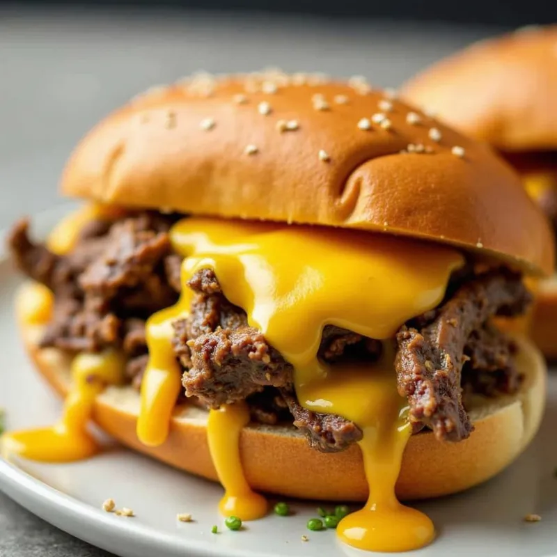 A perfectly assembled vegan Philly cheesesteak on a wooden board