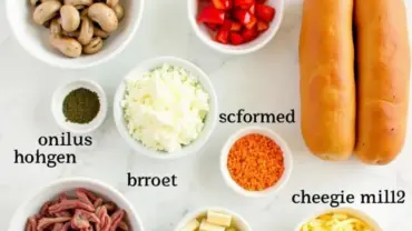 Ingredients for vegan Philly cheesesteak laid out on a table