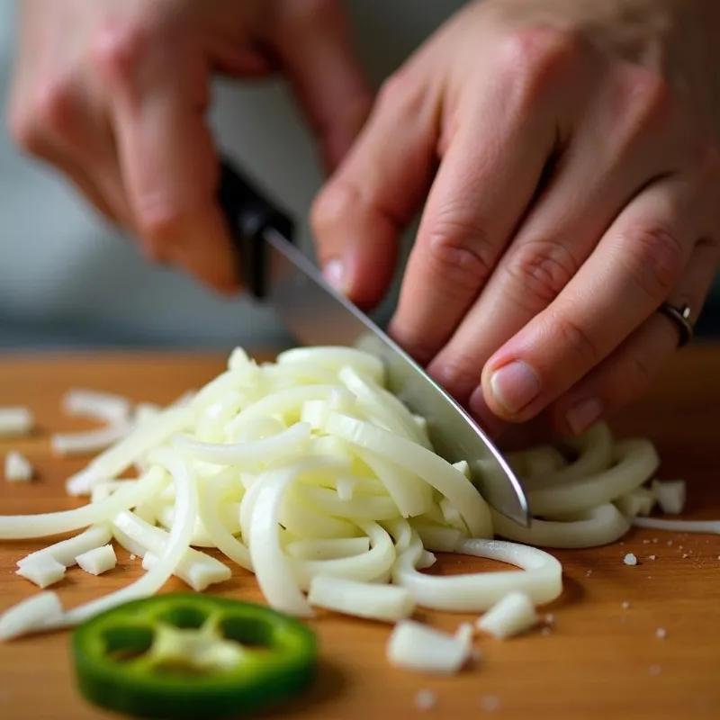 A person slicing vegetables for vegan Philly cheesesteak