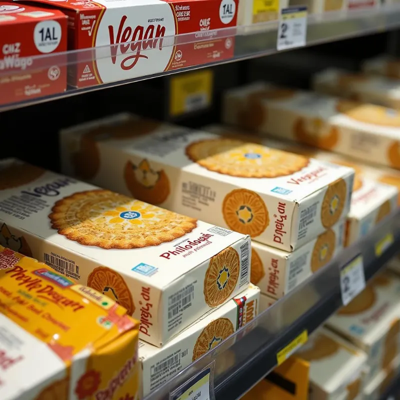 Vegan phyllo dough packages on a supermarket shelf