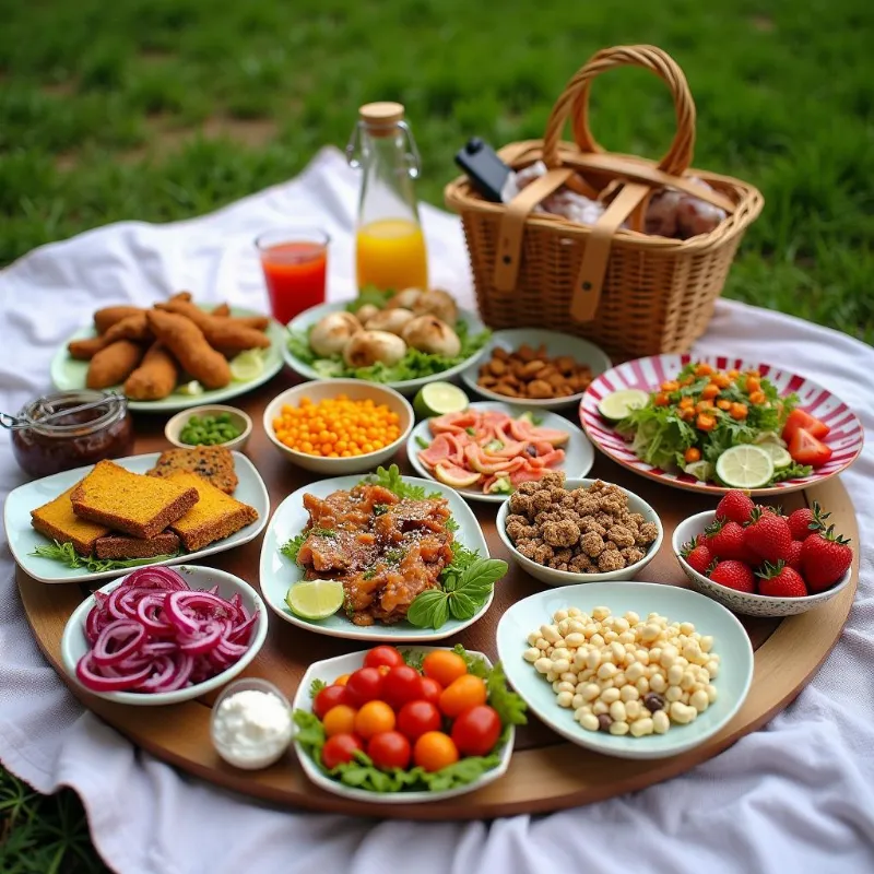 Colorful vegan picnic spread on a blanket