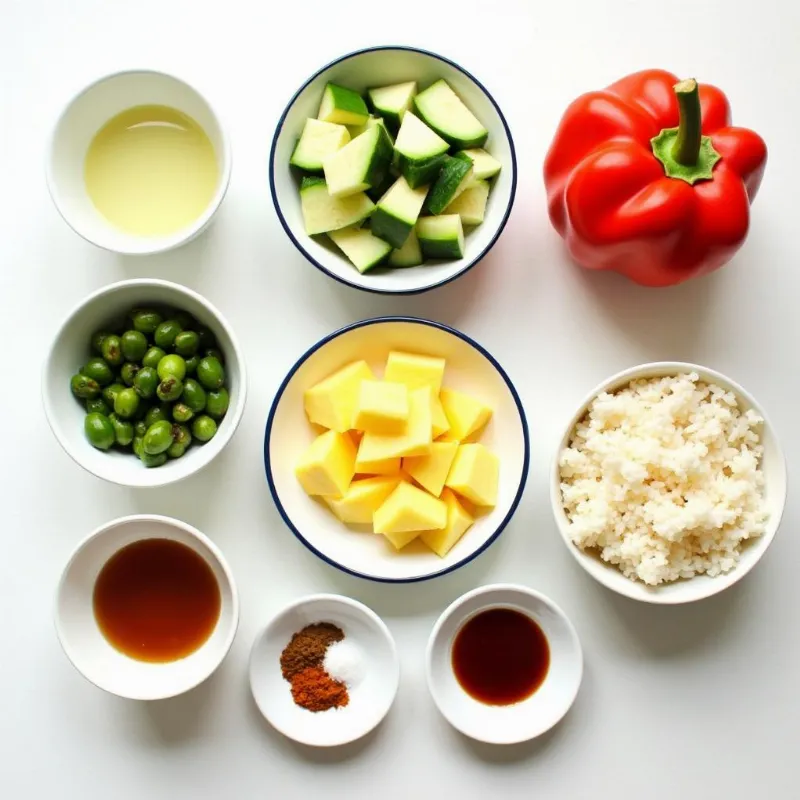 Colorful array of ingredients for vegan pineapple fried rice.