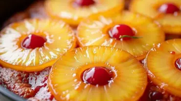 Golden brown vegan pineapple upside down cake in a cast iron skillet, topped with caramelized pineapple rings.