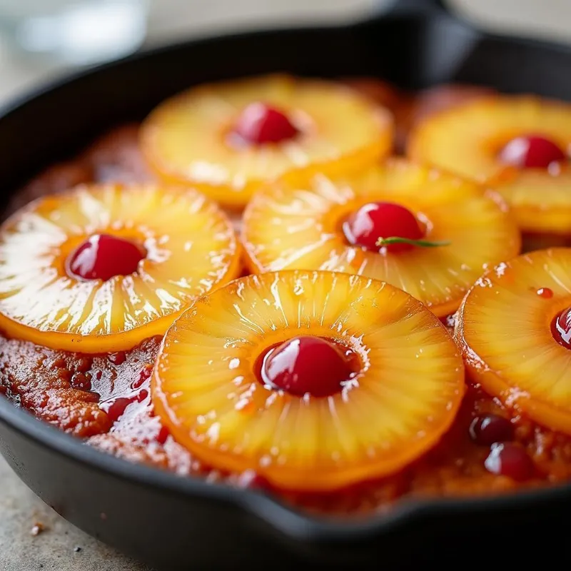 Golden brown vegan pineapple upside down cake in a cast iron skillet, topped with caramelized pineapple rings.