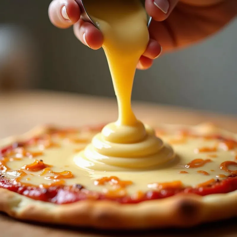 Drizzling Liquid Vegan Cheese on Pizza Dough