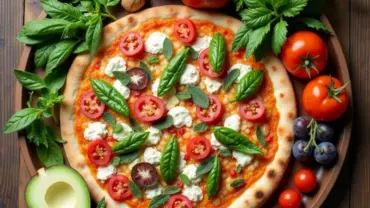 Colorful vegan pizza ingredients arranged on a wooden table