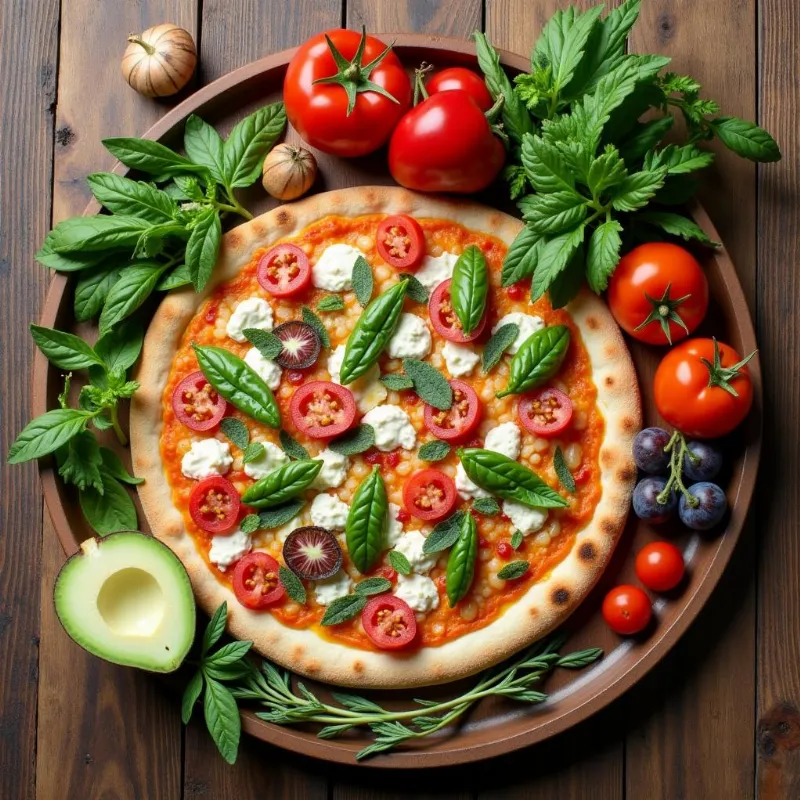 Colorful vegan pizza ingredients arranged on a wooden table