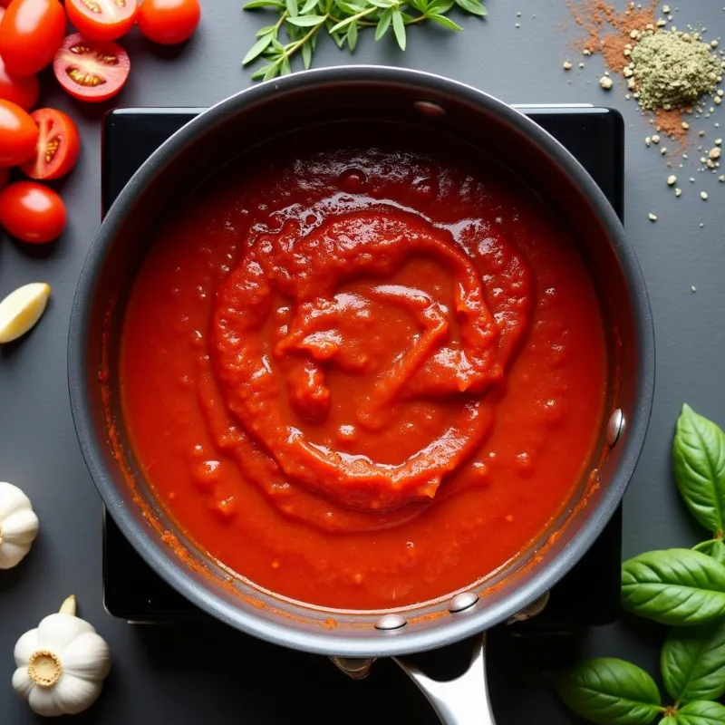 Vegan pizza sauce simmering in a pan on a stovetop