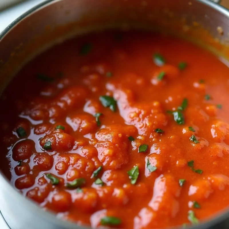 Vegan Pizza Sauce Simmering in a Pot