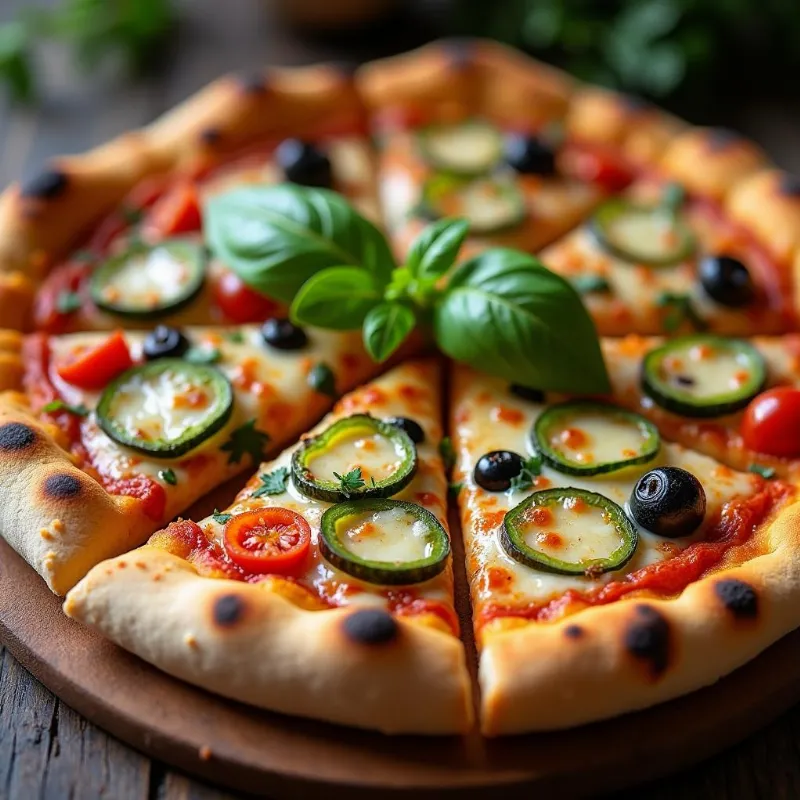 Freshly baked vegan pizza topped with fresh basil on a wooden board