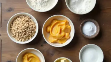 Vegan Pop Tart Ingredients: Flour, applesauce, vegan butter, and other plant-based ingredients neatly arranged on a wooden table, ready for baking.