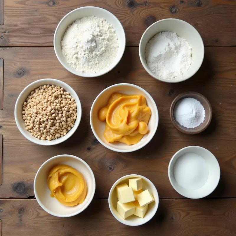 Vegan Pop Tart Ingredients: Flour, applesauce, vegan butter, and other plant-based ingredients neatly arranged on a wooden table, ready for baking.