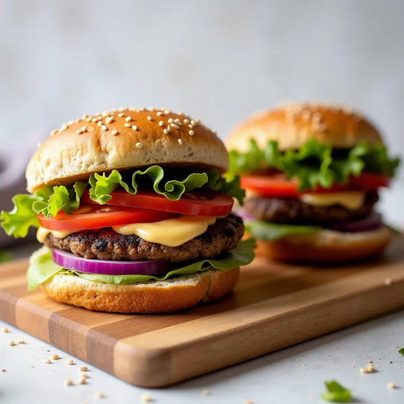 Two juicy vegan portabella mushroom burgers stacked on top of each other, with one burger cut in half to reveal the fillings.