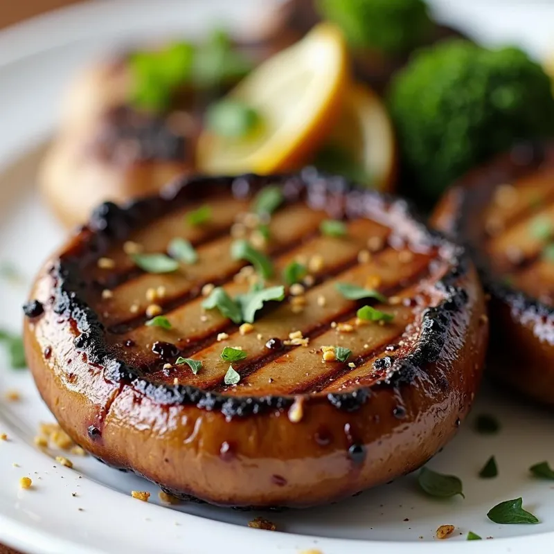 Grilled vegan portabella mushroom steaks on a white plate