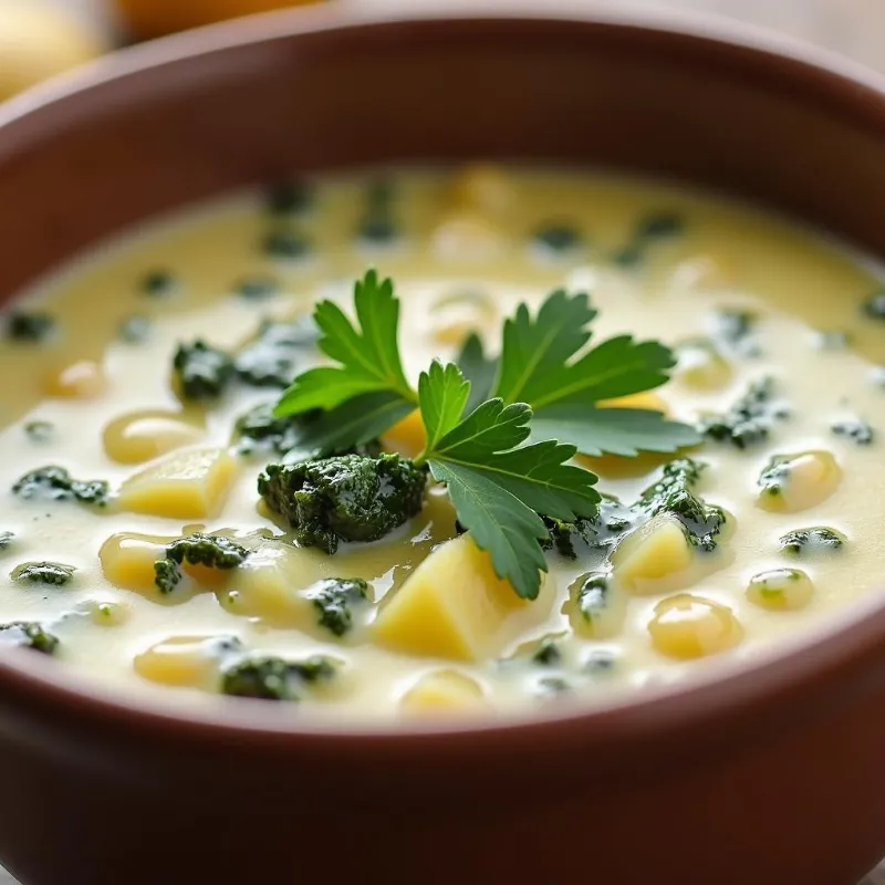 A bowl of creamy vegan potato kale soup