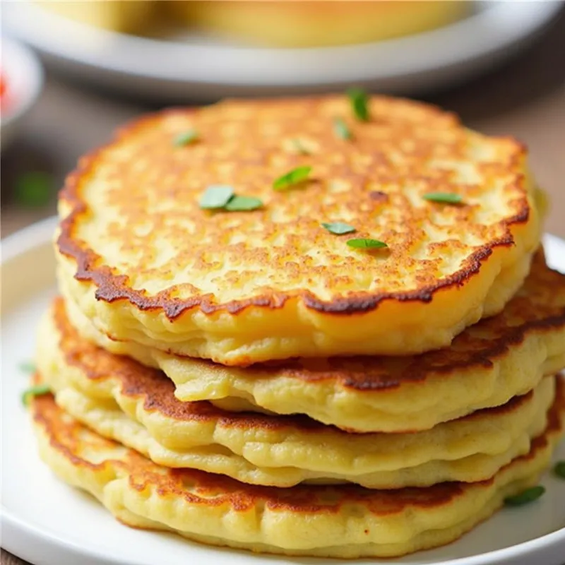 A stack of golden brown vegan potato pancakes on a plate