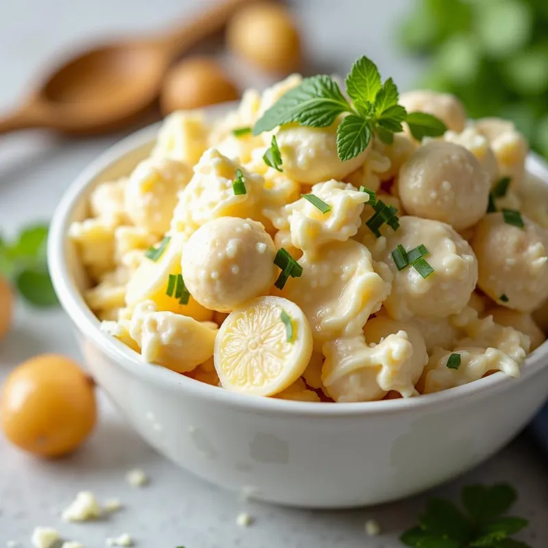 A classic vegan potato salad in a serving bowl, garnished with fresh parsley. 