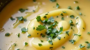 Vegan potato soup simmering in a pot