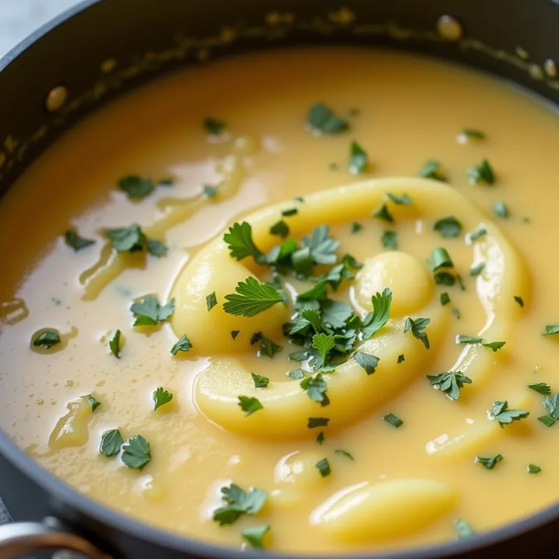 Vegan potato soup simmering in a pot