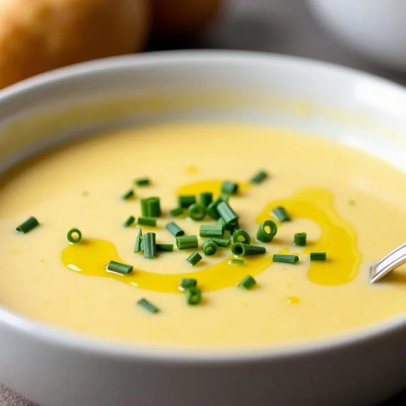 A bowl of creamy vegan potato soup with garnish