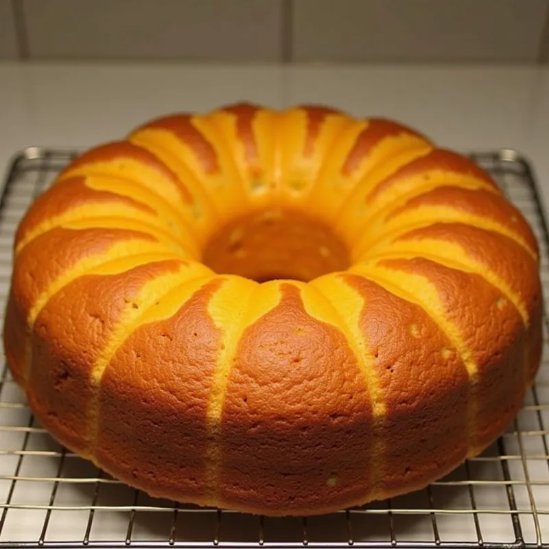 Golden brown vegan pound cake cooling on a wire rack