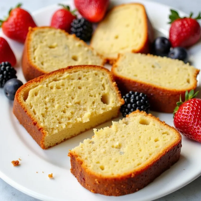 Slices of moist vegan pound cake with berries