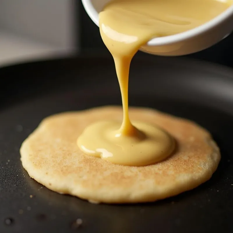 Pouring vegan protein pancake batter onto a griddle